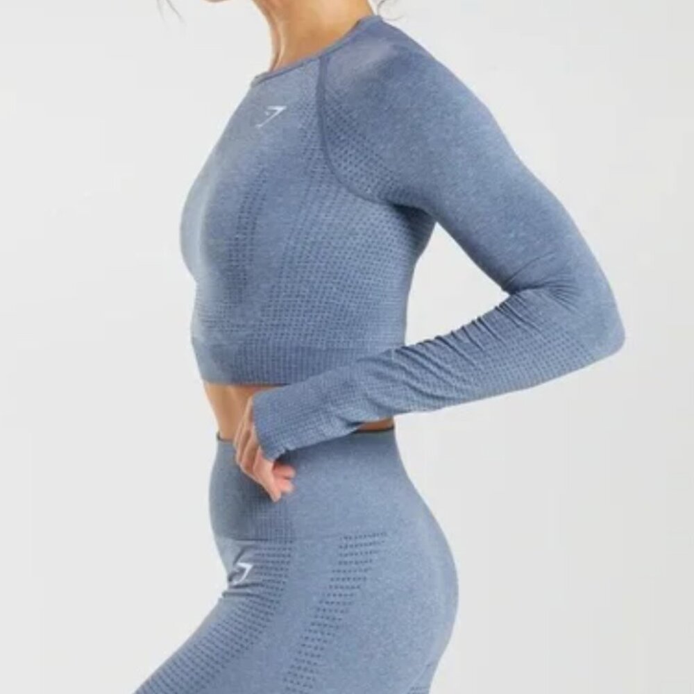 Gymshark Vital Seamless 2.0 Long Sleeve Crop Workout Top in Blue Marl - Size XS - Picture 2 of 4